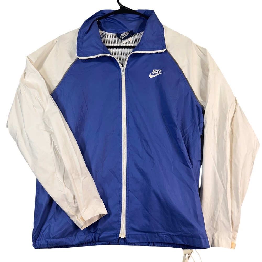 VTG Nike Windbreaker Jacket Womans L Blue White Color Block Full Zip Athletic